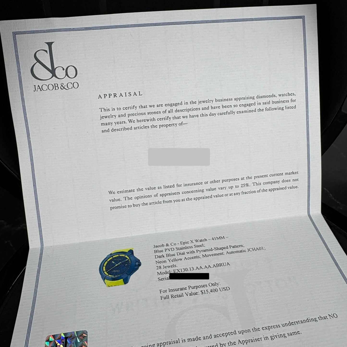 Jacob & Co. Epic X Sport EX130.13.AA.AA.ABRUA – Blue PVD | 41 mm | Automatic | Like-New | Full Set