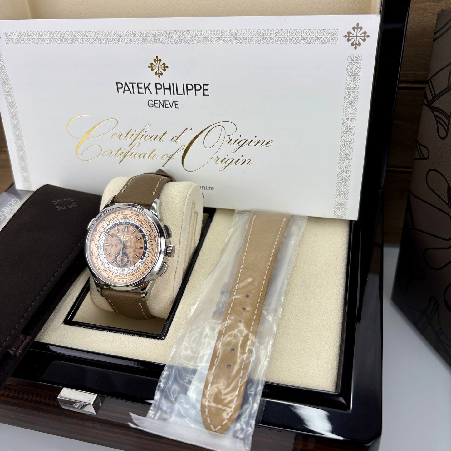 Patek Philippe 5935A-001 — World Time Flyback Chronograph | Steel & Salmon Dial