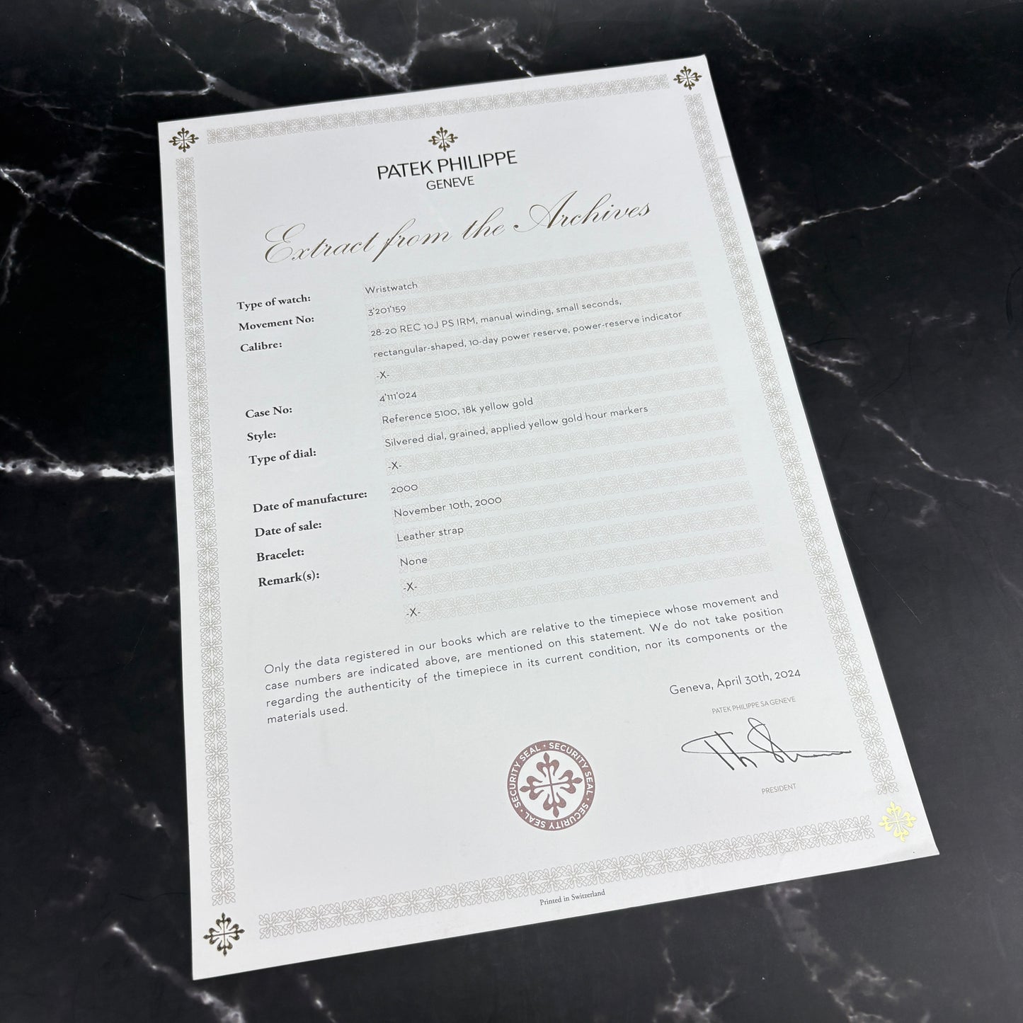 Patek Philippe 5100J “10 Days” – 18K Yellow Gold | 2000 | Fresh Patek Service | Sealed | Extract | Box