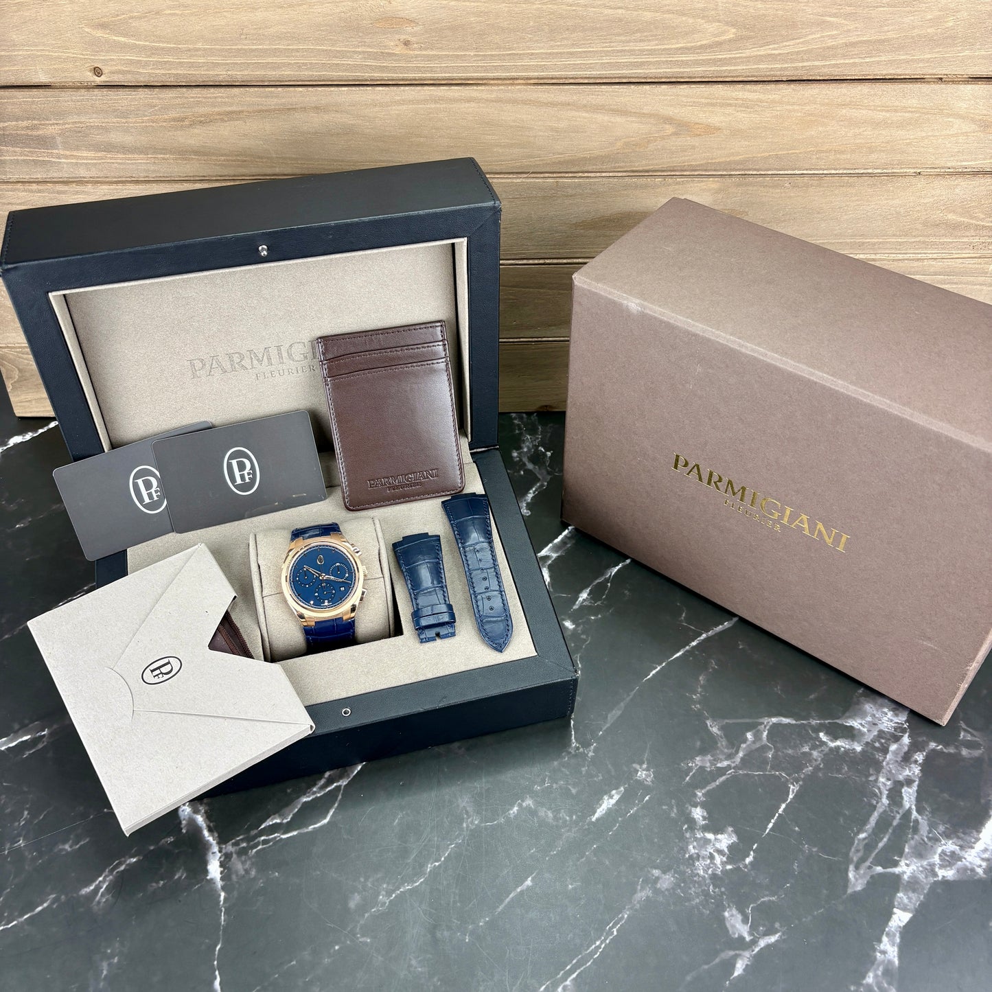 Parmigiani Fleurier Tonda PF Chronograph – 18K Rose Gold | Milano Blue | 42mm | 2023 | Mint Pre-Owned | Full Set
