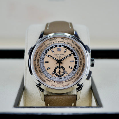 Patek Philippe 5935A-001 — World Time Flyback Chronograph | Steel & Salmon Dial