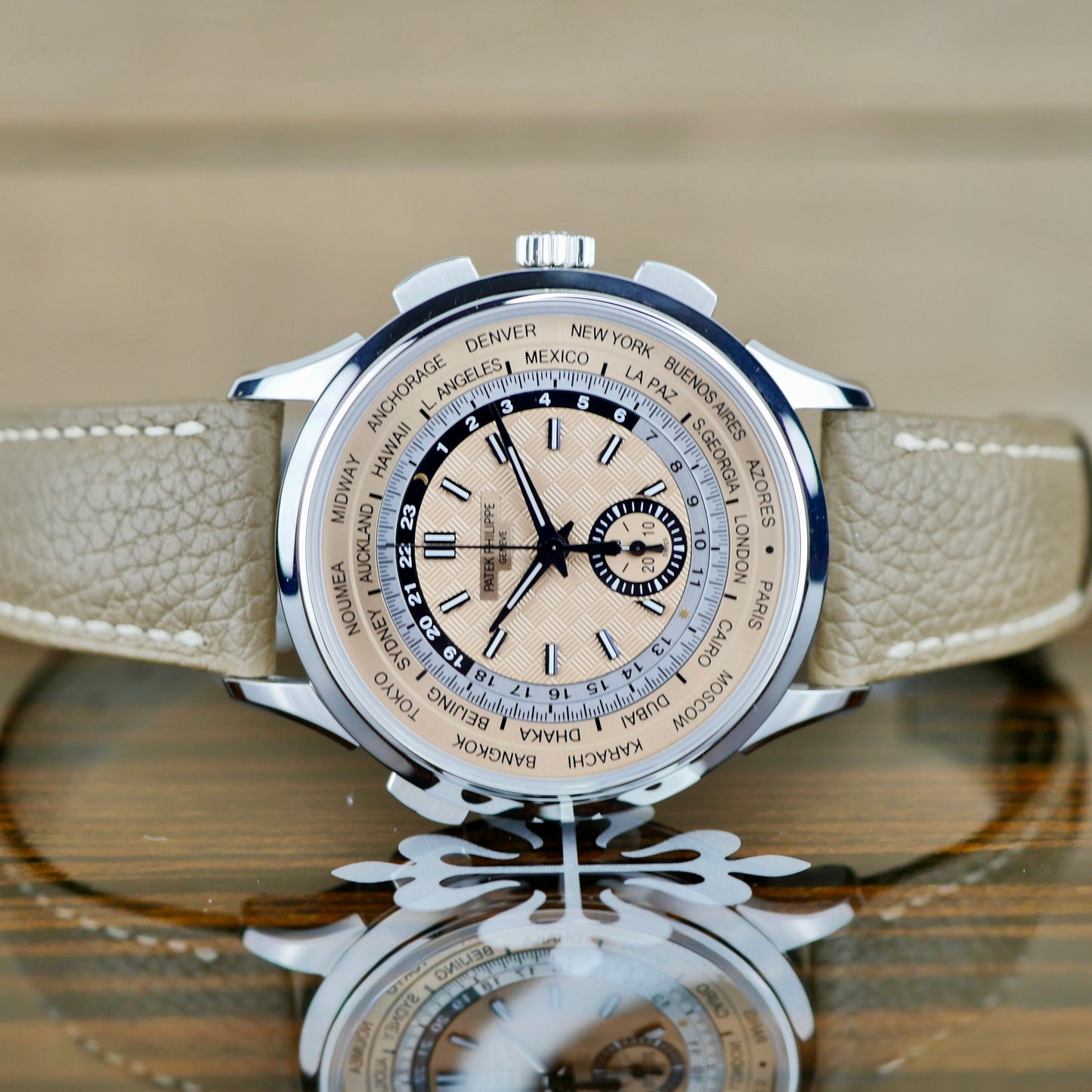 Patek Philippe 5935A-001 — World Time Flyback Chronograph | Steel & Salmon Dial