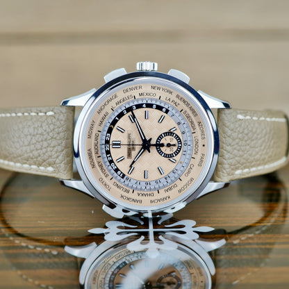 Patek Philippe 5935A-001 — World Time Flyback Chronograph | Steel & Salmon Dial