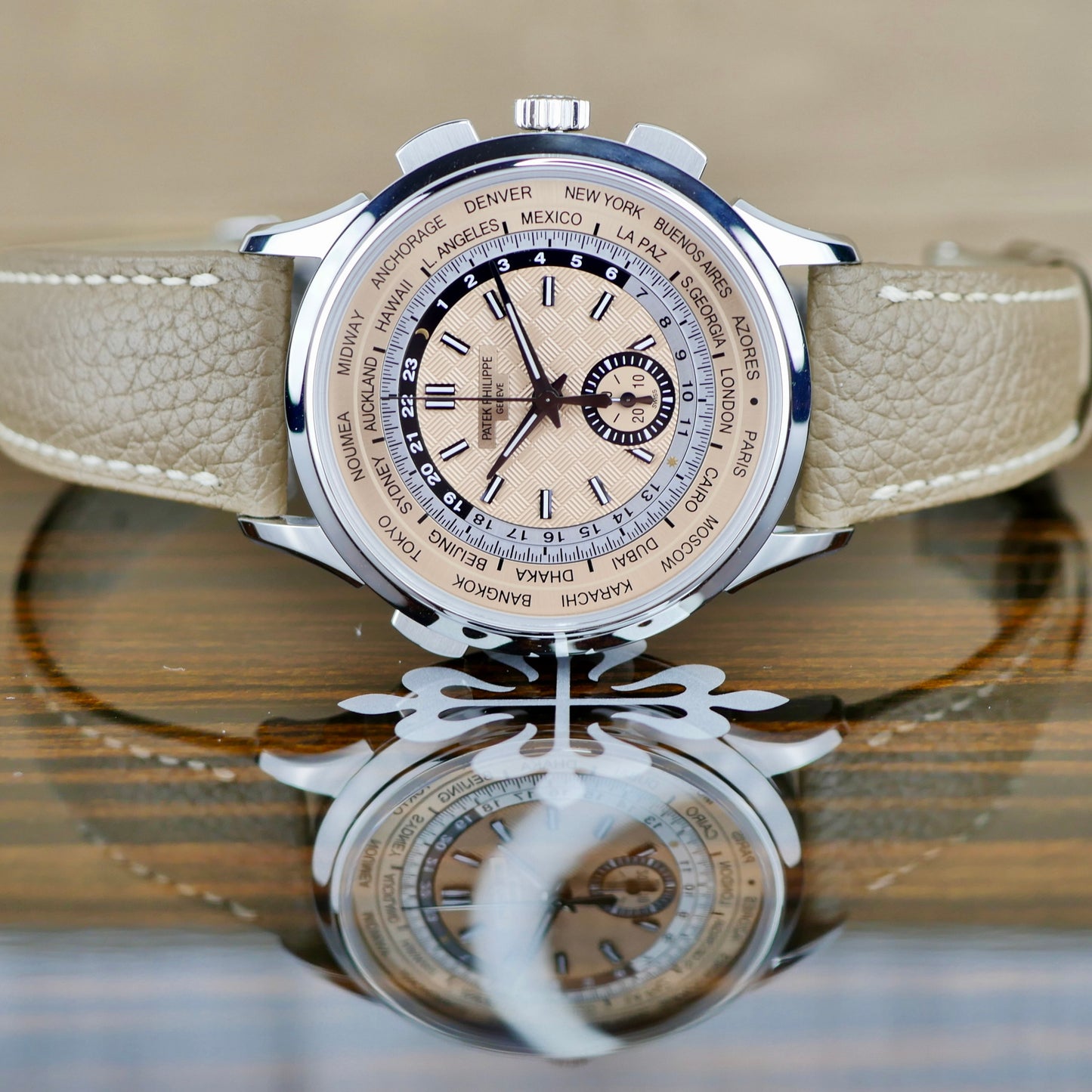 Patek Philippe 5935A-001 — World Time Flyback Chronograph | Steel & Salmon Dial