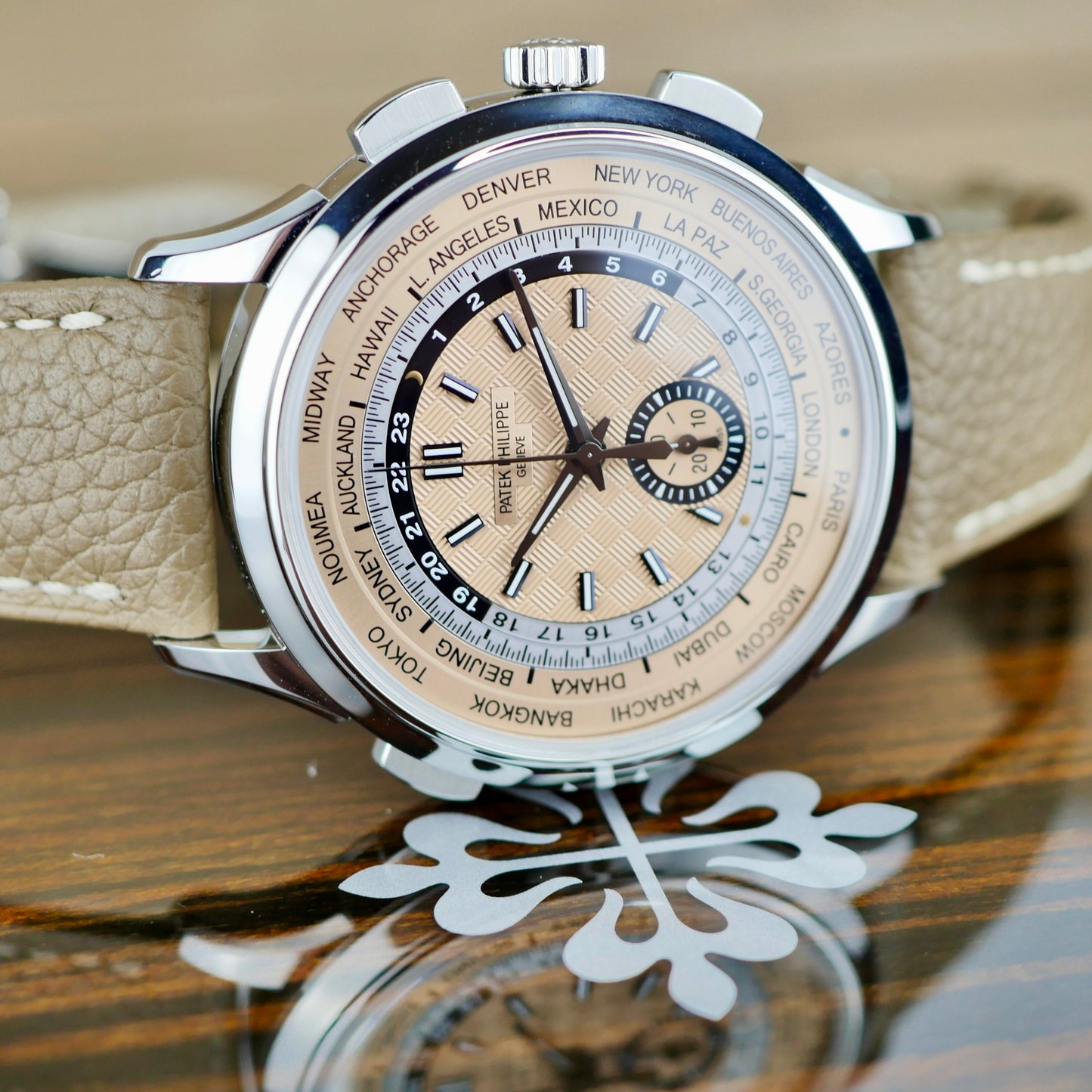 Patek Philippe 5935A-001 — World Time Flyback Chronograph | Steel & Salmon Dial