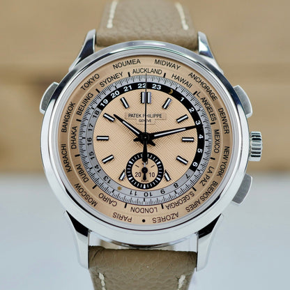 Patek Philippe 5935A-001 — World Time Flyback Chronograph | Steel & Salmon Dial