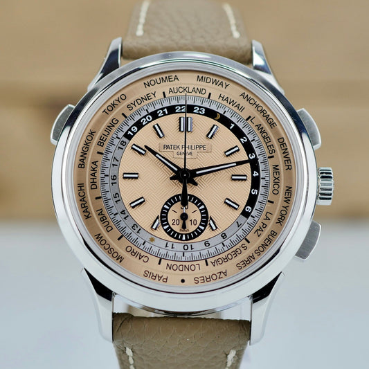 Patek Philippe 5935A-001 — World Time Flyback Chronograph | Steel & Salmon Dial