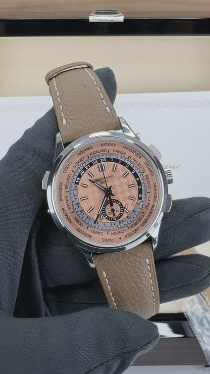 Patek Philippe 5935A-001 — World Time Flyback Chronograph | Steel & Salmon Dial